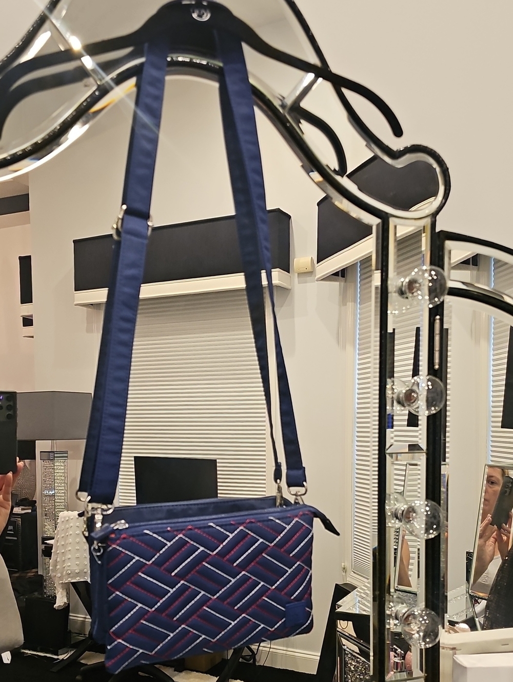Navy Quilted Crossbody Bag with Pink Accent Stitching